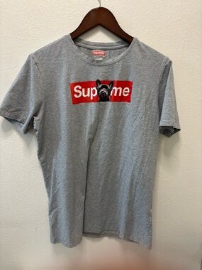 Supreme Grey Tee with Red Box Logo and Black Bulldog Print